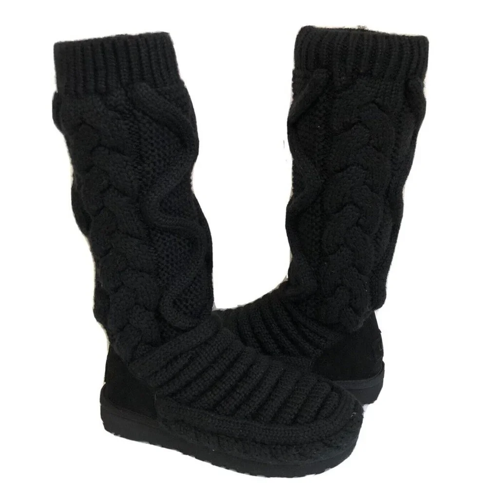 NIB UGG WOMEN'S TALL CHUNKY KNIT‎ TALL SWEATER PLATFORM BOOTS BLACK